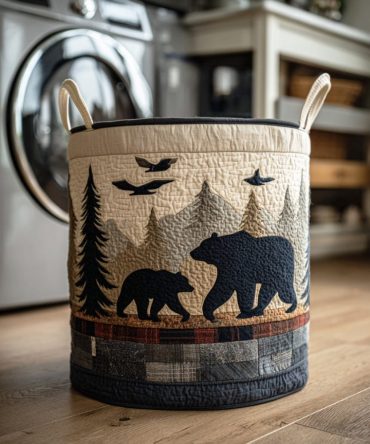Backwoods Bear Quilted Laundry Hamper — Woodland Bear Print Fabric Basket, Heavy-Duty Foldable Hamper For Rustic Home Storage & Gifts