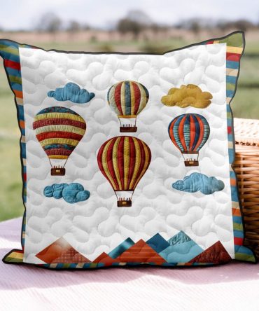 Balloon Breeze Quilted Throw Pillow Cover - Colorful Balloon Pattern Decorative Pillowcase For Kids Rooms, Living Room Accent, Easy Care