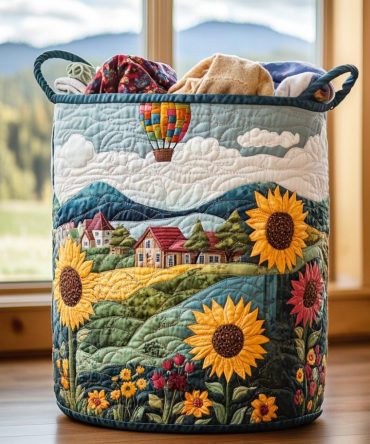 Balloon Meadow Quilted Laundry Basket Hamper – Whimsical Hot-Air Balloon Print Foldable Laundry Bin, Quilted Organizer For Kids & Gift-Worthy Storage