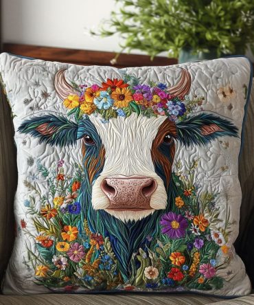 Barnyard Bloomers Quilted Pillow Cover — Farmhouse Floral Decorative Pillowcase With Barnyard Animal & Flower Motifs, Quilted Cotton Blend