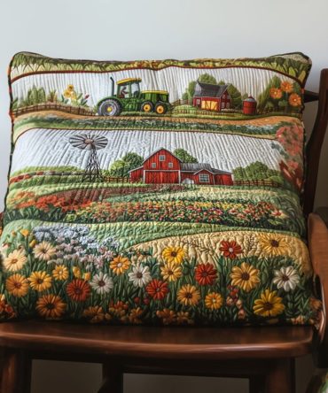 Barnyard Blossom Quilted Pillow Cover, Rustic Floral Farming Motif, Cotton-Blend Accent Sham For Bedroom & Living Room, Machine Washable