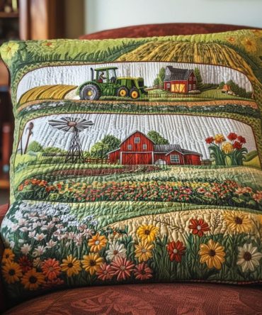 Barnyard Blossom Quilted Pillow Cover — Rustic Floral Farmhouse Throw Pillowcase, Quilted Country Charm For Sofa & Bed