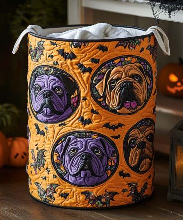 Batty Bulldogs Quilted Laundry Hamper — Spooky Dog-Print Storage Basket, Foldable Cotton Canvas, Lightweight & Durable