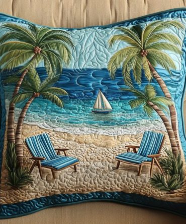 Beach Memories Quilted Pillow Cover — Coastal Decorative Pillowcase With Seashell & Wave Motifs, Soft Quilted Cotton Blend For Nautical Homes