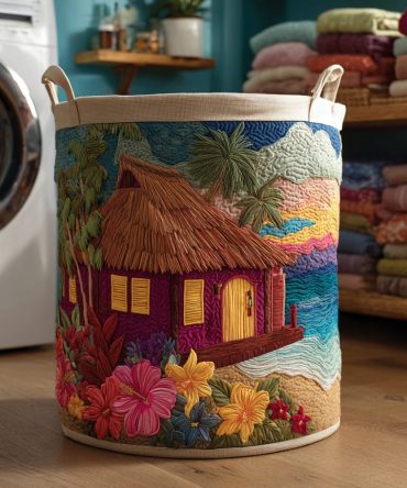 Beach Cabana Quilted Laundry Hamper — Striped Cabana Design Foldable Laundry Basket, Durable Quilted Fabric, Stylish & Functional