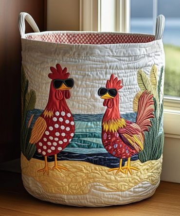 Beach Chicks Quilted Laundry Hamper — Coastal-Themed Fabric Basket, Collapsible & Lightweight With Handles For Beach House Or Casual Home Decor