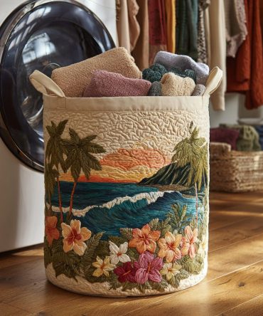 Beach Coast Quilted Laundry Hamper — Coastal Quilted Fabric Storage Basket, Large Collapsible Washable Laundry Organizer With Handles