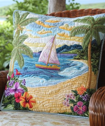 Beach Escape Quilted Pillow Cover — Coastal Wave & Palm Throw Pillowcase, Soft Decorative Accent For Seaside-Inspired Rooms