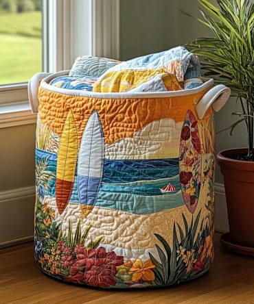 Beach Haven Quilted Laundry Hamper — Coastal Quilted Fabric Storage Bin With Durable Handles, Large Capacity & Collapsible Convenience