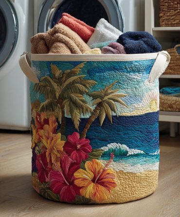 Beach Hibiscus Quilted Hamper — Tropical Floral Foldable Laundry Bin With Soft Quilting, Breathable Liner & Reinforced Handles For Coastal Decor