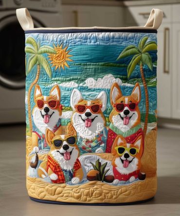 Beach Party Dogs Quilted Laundry Hamper - Fun Puppy Print Collapsible Basket For Kids' Toys, Beach Trips & Laundry