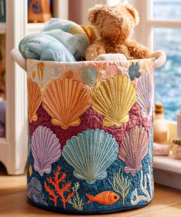 Beach Shell Whispers Quilted Laundry Hamper - Coastal Seashell Print Foldable Storage Basket, Water-Resistant Lining, Seaside Home Organizer