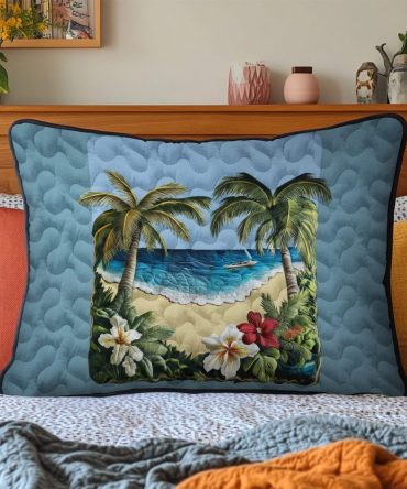 Beachfront Serenity Quilted Pillow Cover — Coastal Decorative Cotton-Blend Throw For Calm, Relaxed Beach House & Bedroom Styling