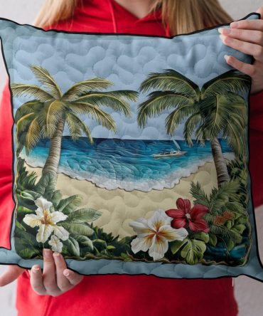 Beachfront Serenity Quilted Throw Pillow Cover — Coastal Decorative Cushion Sham For Calm, Seaside-Inspired Living Rooms And Bedrooms