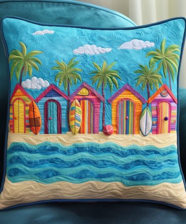Coastal Quilted Pillowcase - Beachside Escape Design, Soft Linen-Look Decorative Cover For Seaside Bedrooms