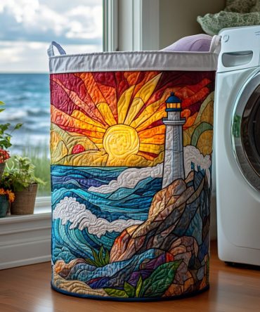 Beacon Bay Quilted Laundry Hamper — Coastal Stripe Foldable Storage Basket With Reinforced Handles For Beach House & Home