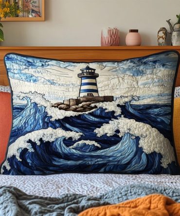 Beacon Waves Quilted Pillowcase - Modern Coastal Wave Pattern Throw Pillow Cover, Quilted Accent For Sofa, Bed & Beach-Inspired Rooms