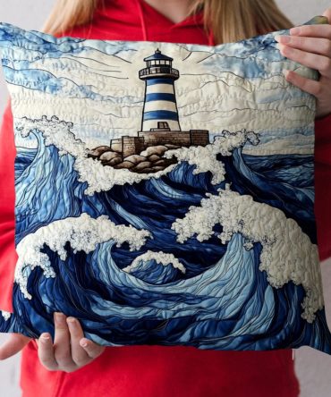 Coastal Beacon Quilted Pillow Cover - Nautical 'Beacon Waves' Decorative Throw Pillowcase, Soft Machine-Washable Cotton Blend For Home