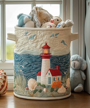 Beacon By Sea Quilted Laundry Hamper – Coastal Lighthouse Print Foldable Clothes Basket With Padded Walls & Reinforced Handles For Beachy Décor