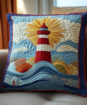 Beacon Of Hope Quilted Pillow Cover — Nautical Lighthouse Decorative Throw Pillowcase, Coastal Accent For Beach House & Seaside Style
