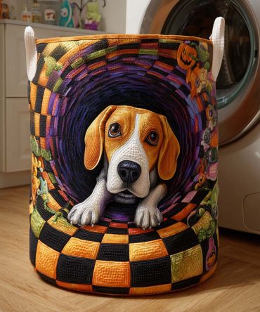 Beagle Spiral Quilted Laundry Hamper — Large Foldable Pet-Themed Basket With Reinforced Handles & Washable Liner For Home