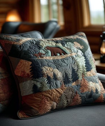 Bear Country Dreams Quilted Pillow Cover — Cozy Woodland Bear Throw Pillow Case For Cabin, Kids’ Rooms & Rustic Home Charm