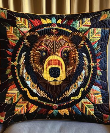 Bear Radiance Quilted Lodge Pillow Cover — Rustic Mountain Decorative Cushion Case, Warm Cotton Blend, Durable & Machine Washable