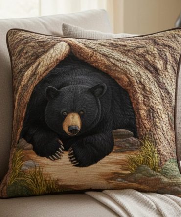 Bear Retreat Quilted Cabin Pillow Cover — Rustic Bear & Forest Throw Accent For Lodge, Cozy Quilted Texture, Soft Cotton Blend, Machine Washable