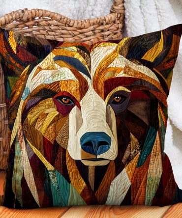 Brave Bear Quilted Pillow Cover - Woodland Bear Decorative Throw Pillowcase, Cozy Plush Feel, Rustic Nursery Or Cabin Decor