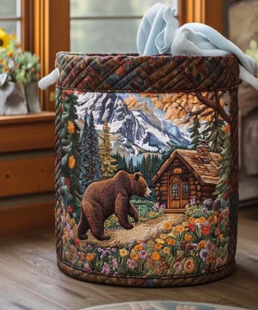 Bear Cabin Life Quilted Laundry Hamper — Rustic Woodland Fabric Basket, Durable Handles, Collapsible Storage For Cabins