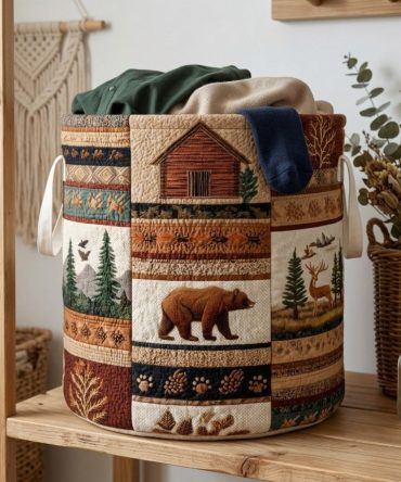 Cozy Bear Cabin Quilted Hamper – Collapsible Decorative Laundry Basket With Sturdy Handles For Bedroom, Nursery & Cottage
