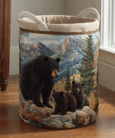 Bear Creek Quilted Laundry Hamper — Woodland Animal Print Foldable Laundry Basket For Cabin, Kids & Rustic Decor