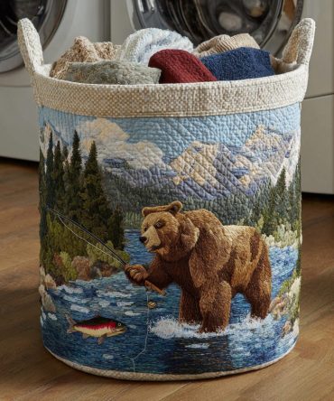 Bear Creek Quilted Laundry Hamper — Cozy Bear Motif Collapsible Fabric Basket, Large Machine-Washable Laundry Organizer With Handles