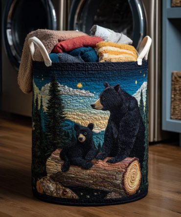 Bear Den Quilted Laundry Hamper — Woodland Bear Print Foldable Laundry Basket, Durable Quilting, Spacious & Cozy Storage Solution