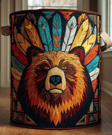 Bear Emblem Quilted Laundry Hamper - Rustic Fabric Laundry Basket, Foldable With Handles, Removable Washable Liner - Ideal For Bedroom & Cabin