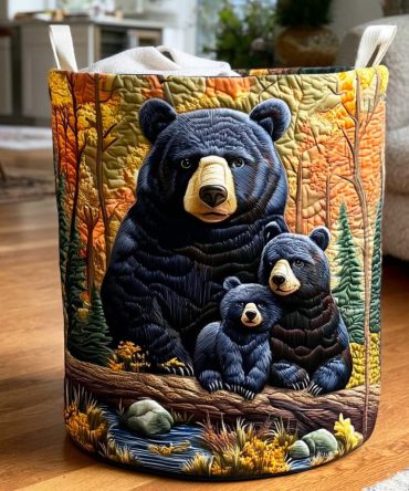 Bear Family Quilted Laundry Hamper - Adorable Matching Family Design Fabric Basket, Collapsible Storage With Carry Handles