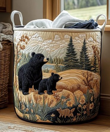 Bear Grove Quilted Laundry Hamper — Playful Woodland Fabric Storage Basket, Collapsible Organizer With Sturdy Handles