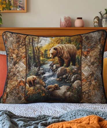 Bear Haven Quilted Decorative Pillow Cover — Rustic Woodland Quilted Pillowcase For Cabin, Lodge & Cozy Living Room Accents