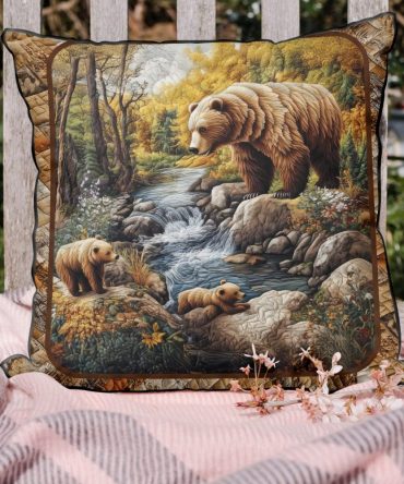 Bear Quilted Accent Pillow Cover - Rustic Bear Throw Pillowcase For Cabin & Lodge Decor, Soft Quilted Decorative Cushion Case