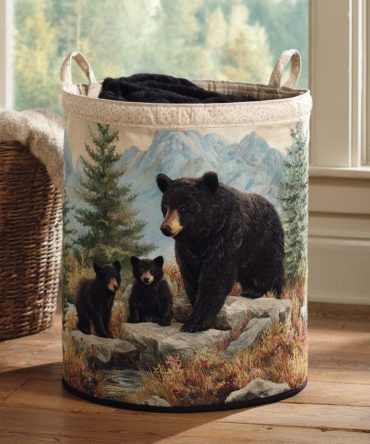 Bear Horizon Quilted Laundry Hamper – Oversized Foldable Bear-Themed Laundry Basket For Closet, Nursery, Home Decor