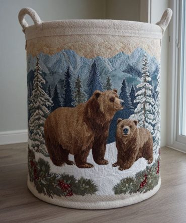 Bear Meadow Quilted Laundry Hamper — Charming Meadow Bear Print Foldable Laundry Basket With Handles For Cozy Rooms