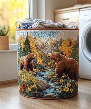 Bear Meadow Quilted Laundry Hamper — Floral Rustic Collapsible Fabric Basket With Handles , Durable Washable Organizer For Kids’ Rooms