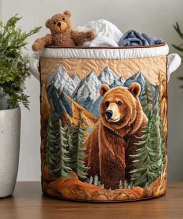Bear Mountain Mist Quilted Laundry Basket Hamper – Woodland Bear Print Foldable Clothes Bin, Quilted Durable Organizer For Cabin, Nursery & Home