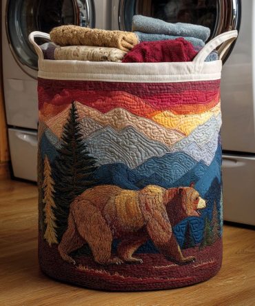 Bear Mountain Quilted Laundry Hamper — Woodland Bear Design Collapsible Fabric Basket, Durable Washable Organizer With Handles
