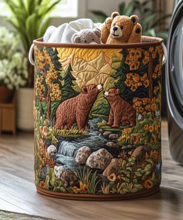 Premium Bear-Print Quilted Laundry & Storage Basket With Handles — Foldable Decorative Hamper For Nursery, Bedroom, Bathroom