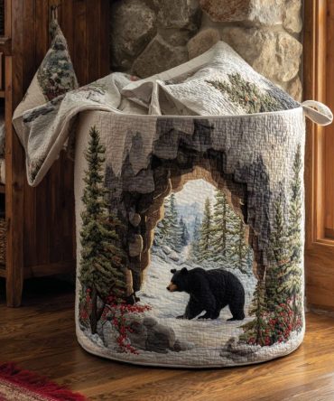 Bear Path Quilted Laundry Hamper — Woodland Bear Print Collapsible Fabric Basket With Handles For Cozy Cabin Decor