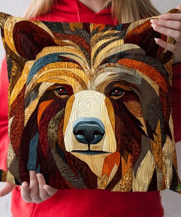 Proud Bear Quilted Throw Pillow Cover — Bold Woodland Decorative Cushion Case With Rich Texture, Reversible & Easy-Care For Home Or Cabin