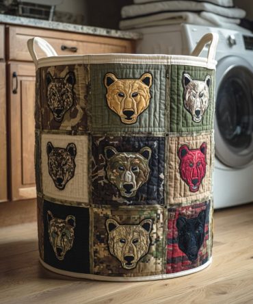 Bear Range Quilted Laundry Hamper — Bear Print Collapsible Fabric Basket, Durable & Washable For Cabin Living