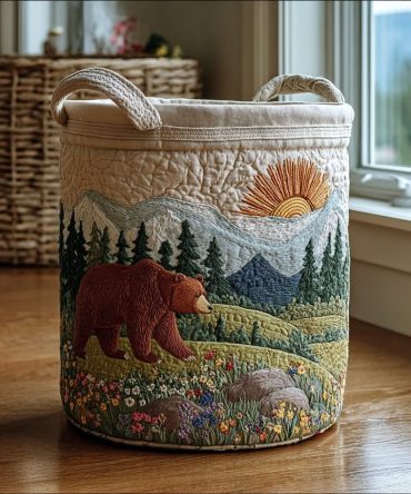 Bear Spirit Quilted Laundry Hamper — Cozy Fabric Clothes Basket With Handles, Foldable Design For Stylish Home Organization