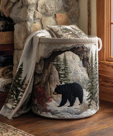 Bear Spirit Quilted Laundry Hamper – Cozy Bear Print Foldable Laundry Basket For Kids, Cabin & Eco-Friendly Storage